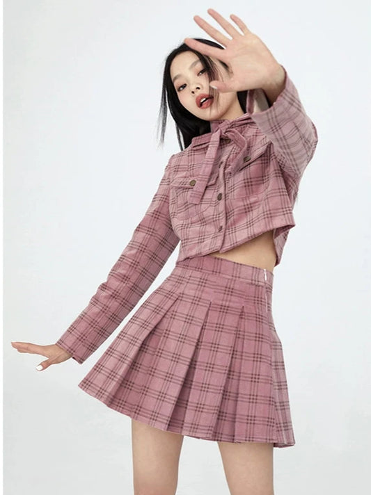 Pink Brown Check Corduroy Preppy Jacket