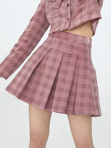Pink Brown Check Corduroy Preppy Short Skirt