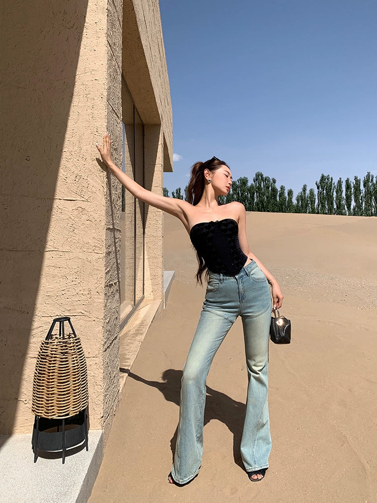 Xiaoliweiフレアストレートレッグワイドレッグジーンズ、夏の細いデザイン、レトロなスリムパンツ