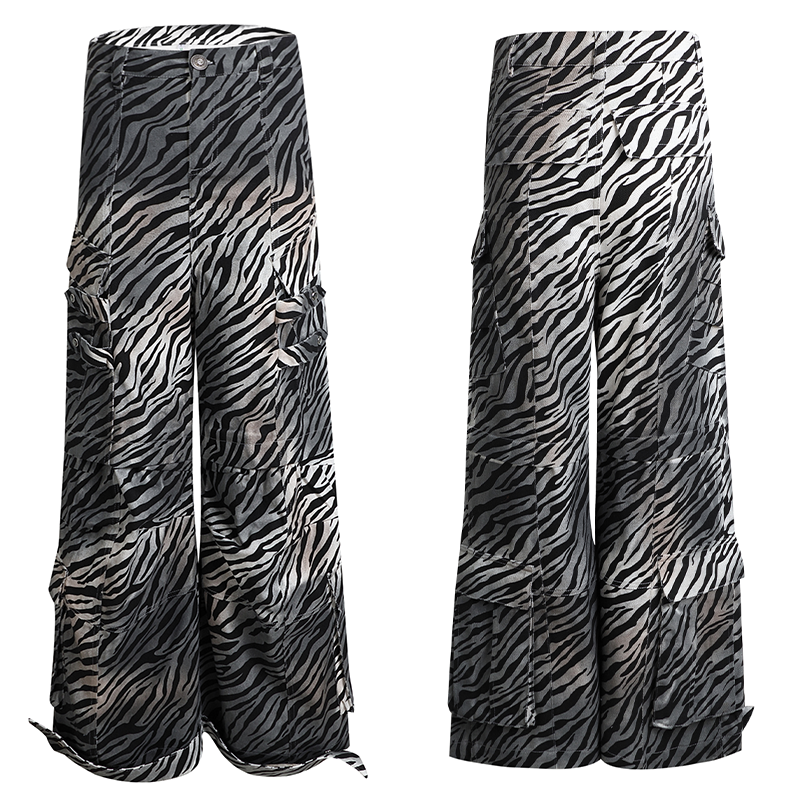 フェイチュイアメリカンヴィンテージベイビーディストレストダーティローライズマルチポケットドローストリングゼブラプリントカーゴパンツワイドレッグパンツ