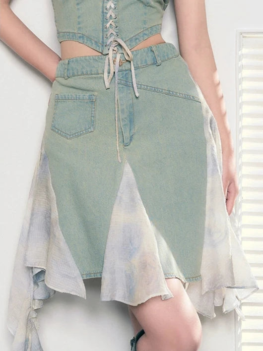 Vintage distressed lace flower denim skirt