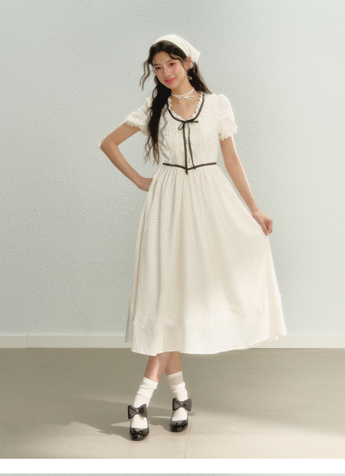 サンセットパーク「ハイジの休日」パフスリーブスカート夏と秋のフランスの水玉模様のドレス