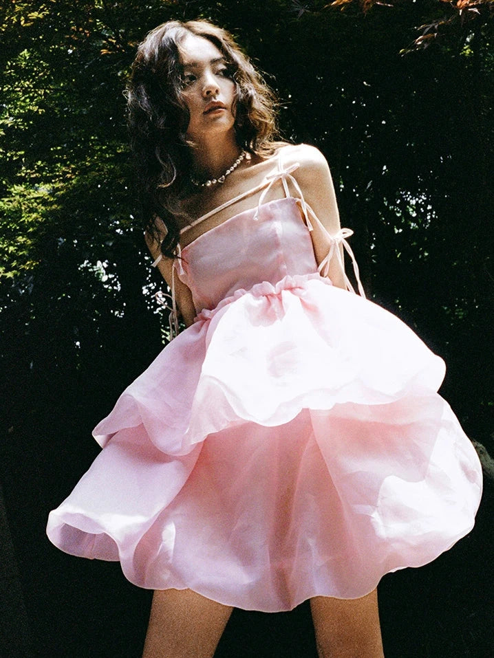 Slip Bow Organza Bud Sleeveless Dress