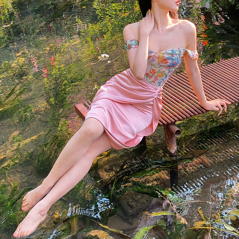 シャオリアセテートフロントツイストスプリットハイウエストヒップスカート、スプリングドレス、ドーパミンスウィートミディスカート