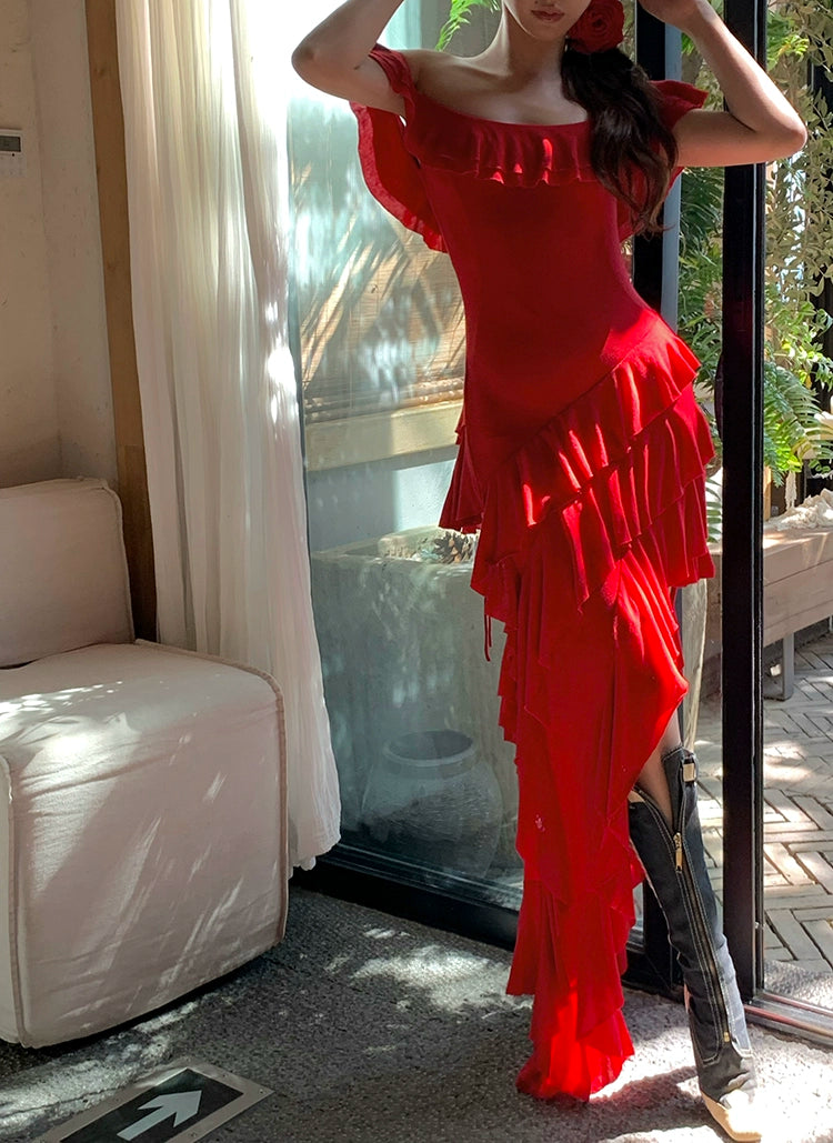 リトルコーラルテンセルウールレッドワンショルダードレス夏ニッチデザインフリルロングスカート