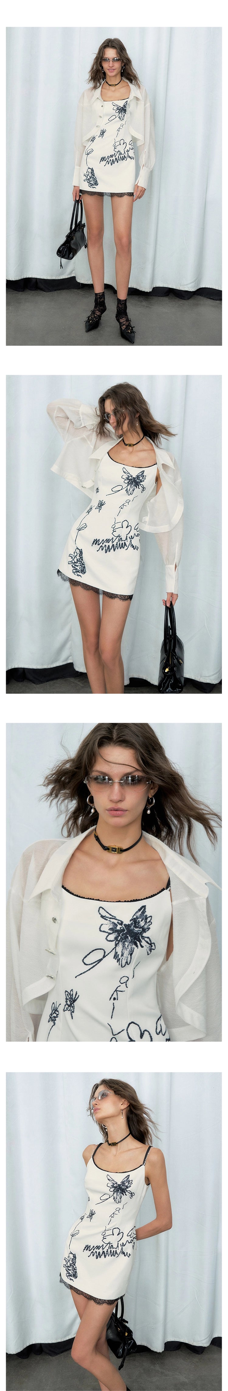 [スポット] OfAkiva 「No Man's Land Poetry」フェイクツーピースデザインバタフライキャットキャットプリントドレス