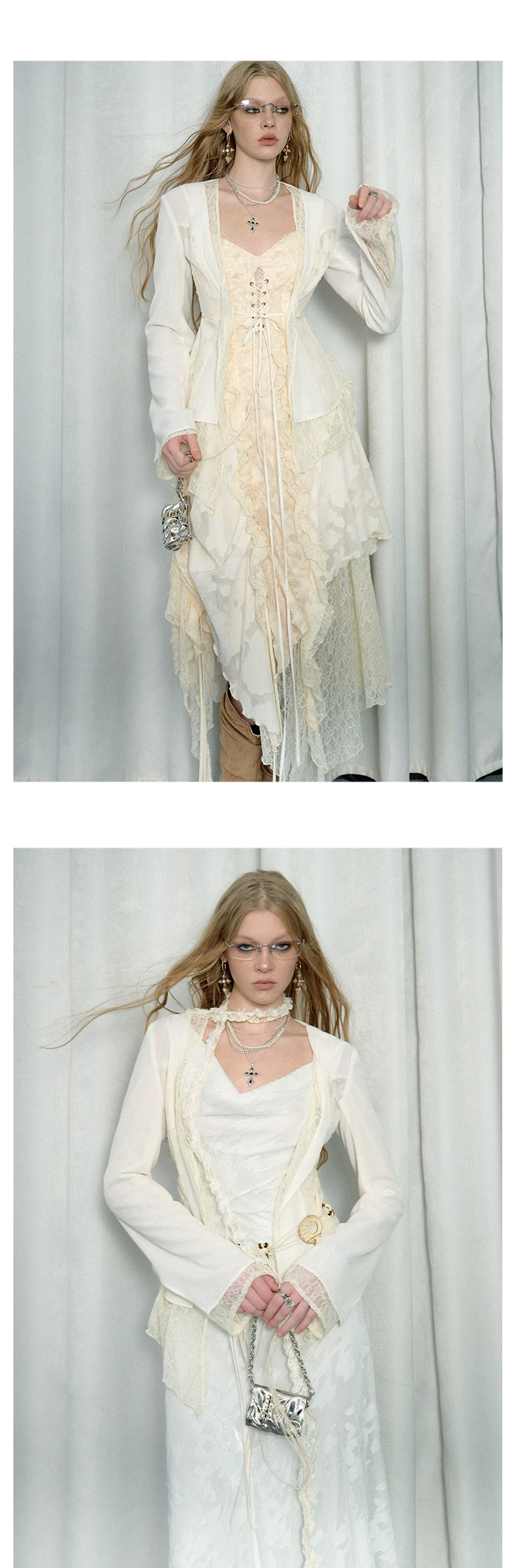 [スポット] OfAkiva「Daylight」わびさびレースパッチワークフェイクツーピースブレザー