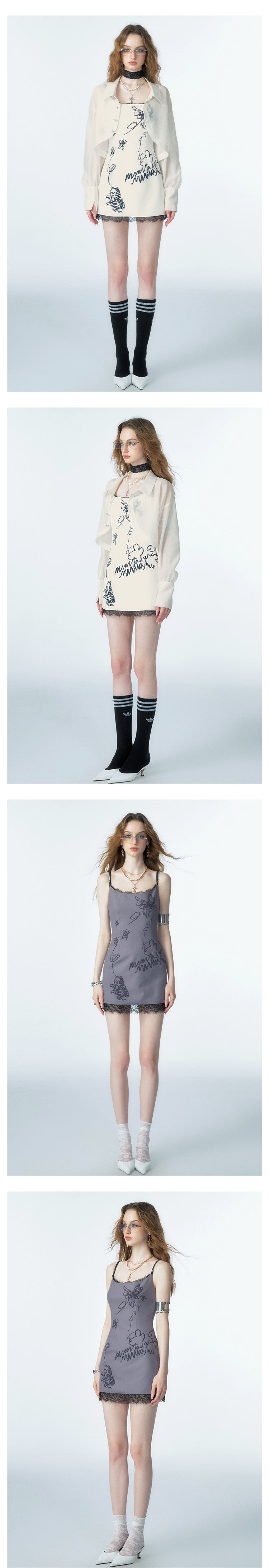 [スポット] OfAkiva 「No Man's Land Poetry」フェイクツーピースデザインバタフライキャットキャットプリントドレス