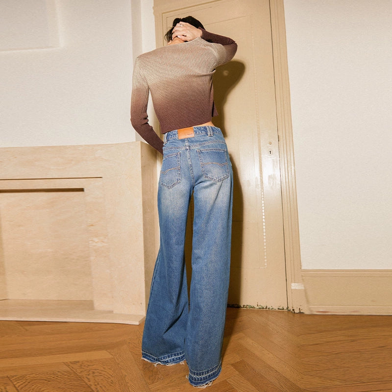 TR She's Hot Casual Expert、ブルーデニム、ウォッシュドリップローエッジ、ソフトハイウエストパンツ、ワイドレッグパンツ、フレアパンツ