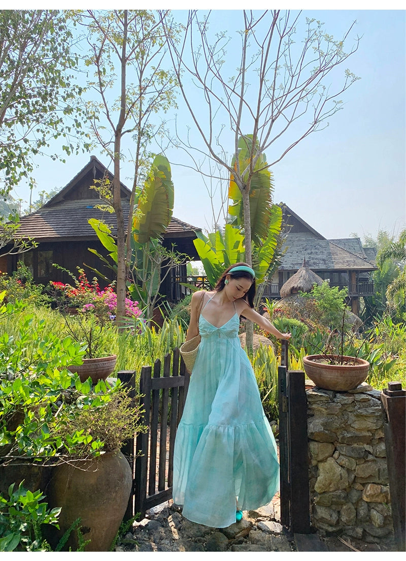 シャオリヒヤシンス、パープルミント、マンボ、Vネックホルタースリップドレス、チャドパミンリゾートドレス