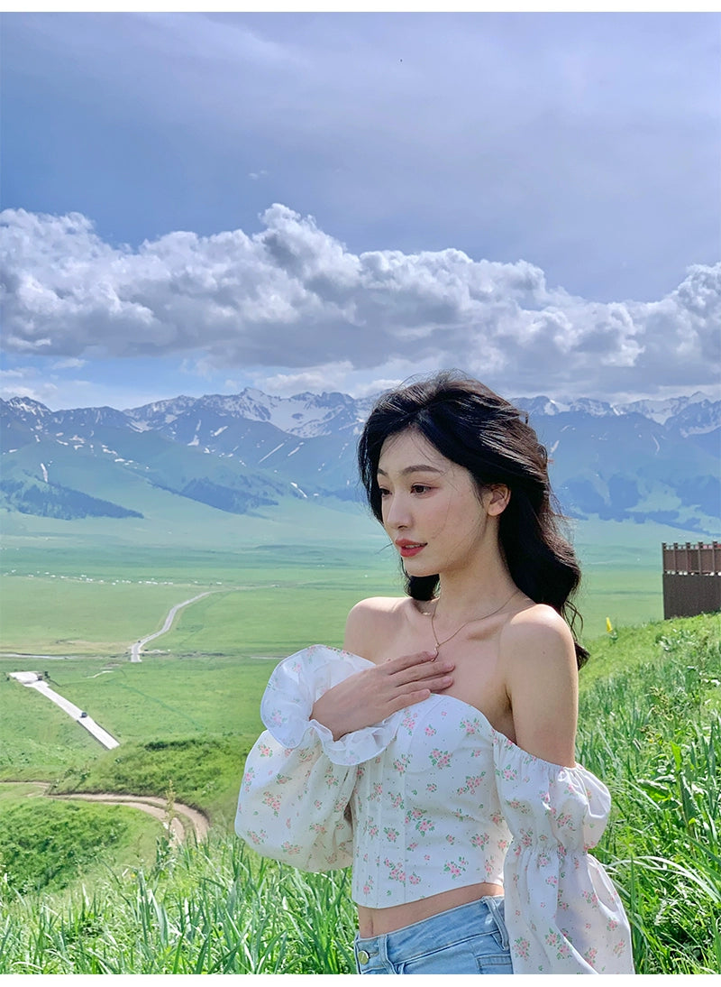 【Xiaoli X Yi Menglingジョイントシリーズ】ワンショルダーバブル長袖花柄シャツトップスプリング