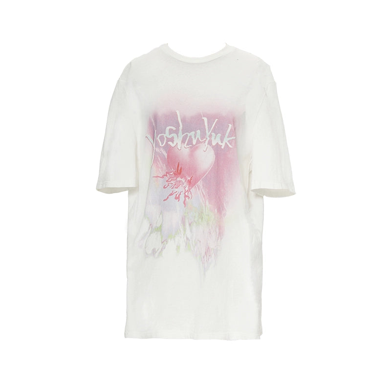 YOSHUYUKI「バーストスウィートハート」オリジナルピンクハートプリントオーバーサイズTシャツカジュアル半袖トップス