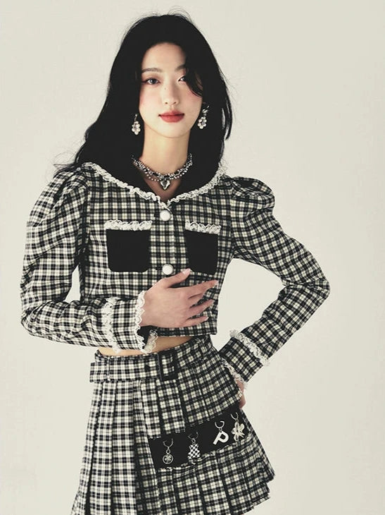 Checkered Pendant Pleated Short Jacket