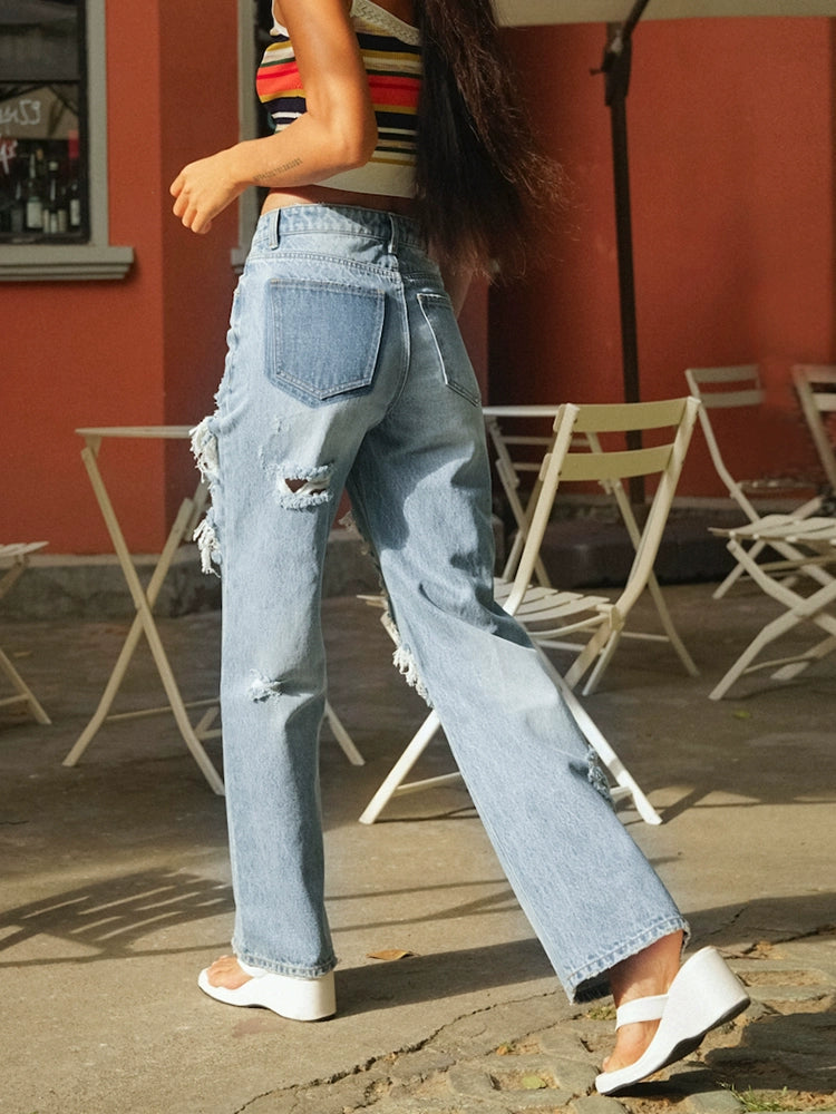 TR彼女ホット渋谷ベイブスライトブルーウォッシュ破れたパンツミッドライズストレート薄いベイビーパンツジーンズ