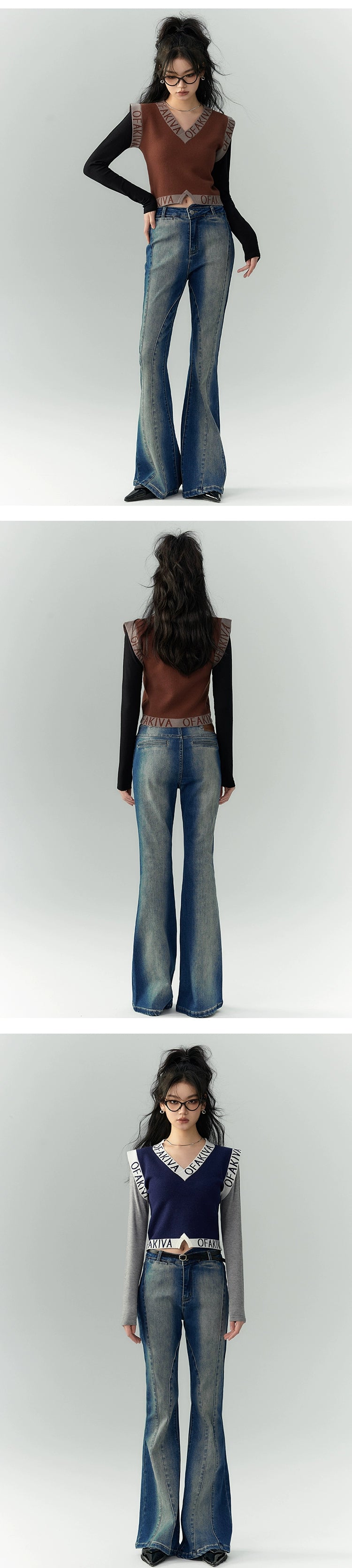 [スポット] のアキバベイビー非対称ウエストラインジーンズ女性秋ハイウエストスキニーフレアパンツ