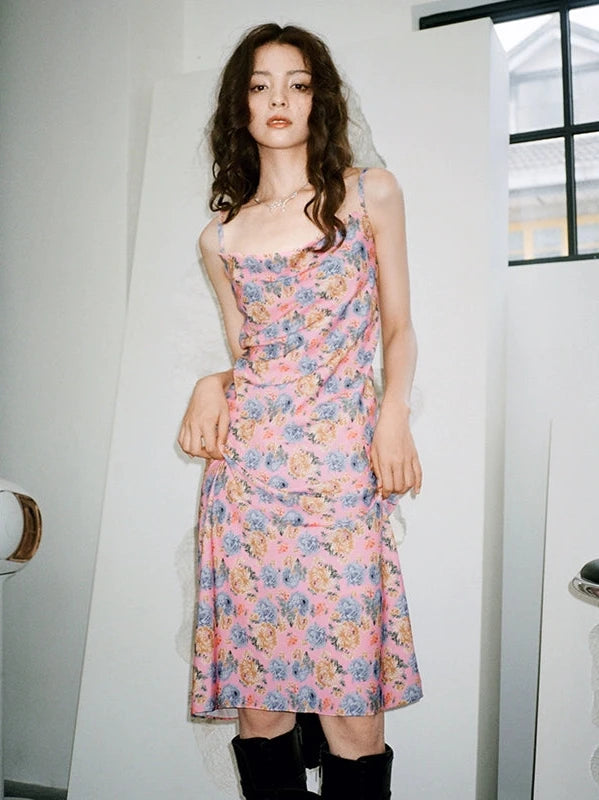 Retro Flower Straight Neckline Slip Backless Dress