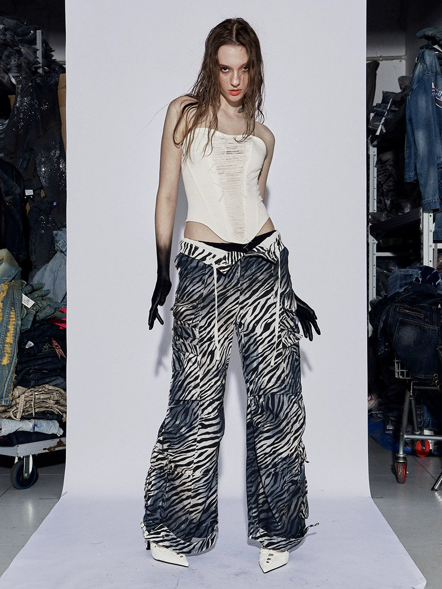 フェイチュイアメリカンヴィンテージベイビーディストレストダーティローライズマルチポケットドローストリングゼブラプリントカーゴパンツワイドレッグパンツ