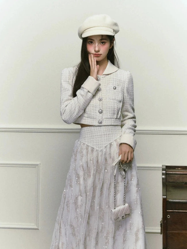 Silver Silk Sequined Small Fragrance Padded Jacket