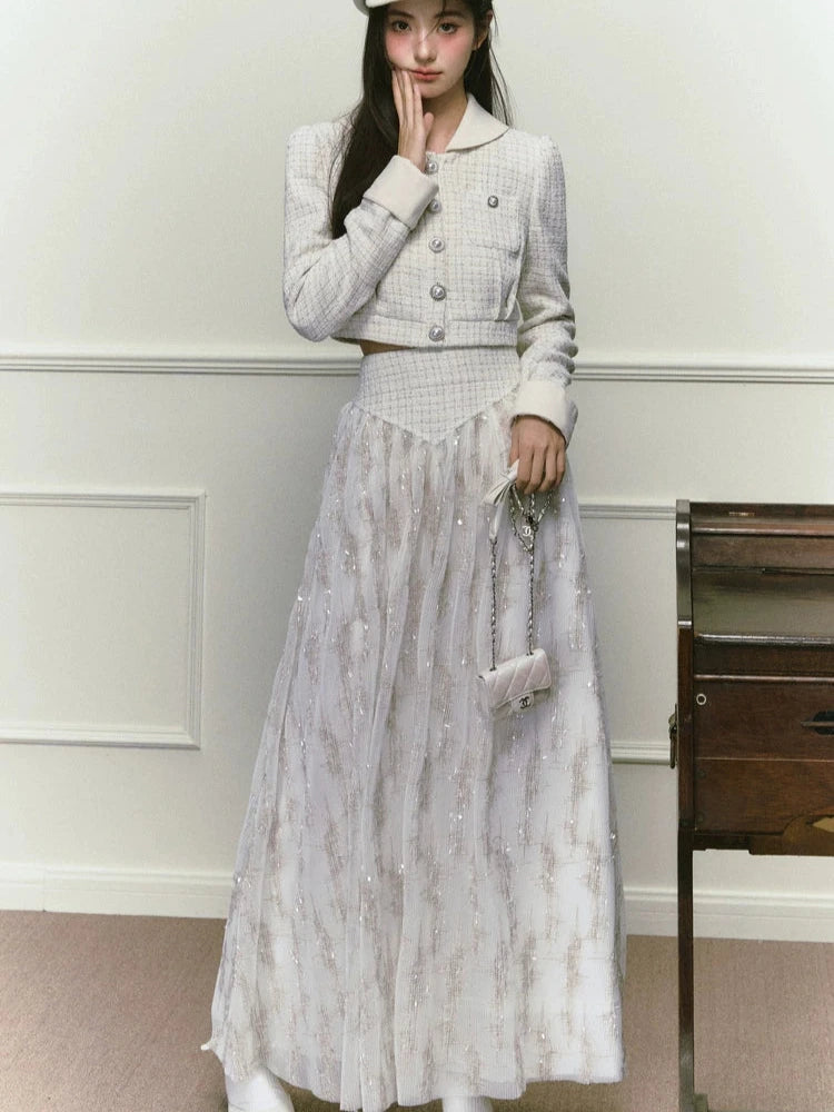 Silver Silk Sequined Small Fragrance Long Skirt