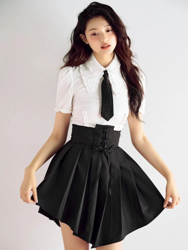 Tie Waist Bow V-Shape Hem Pleated Skirt