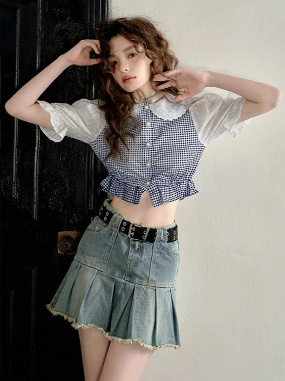 Stitched puff sleeve plaid short sleeve shirt