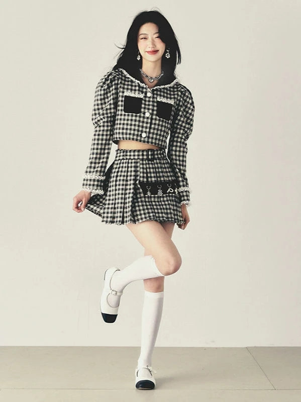 Checkered Pendant Pleated Short Jacket