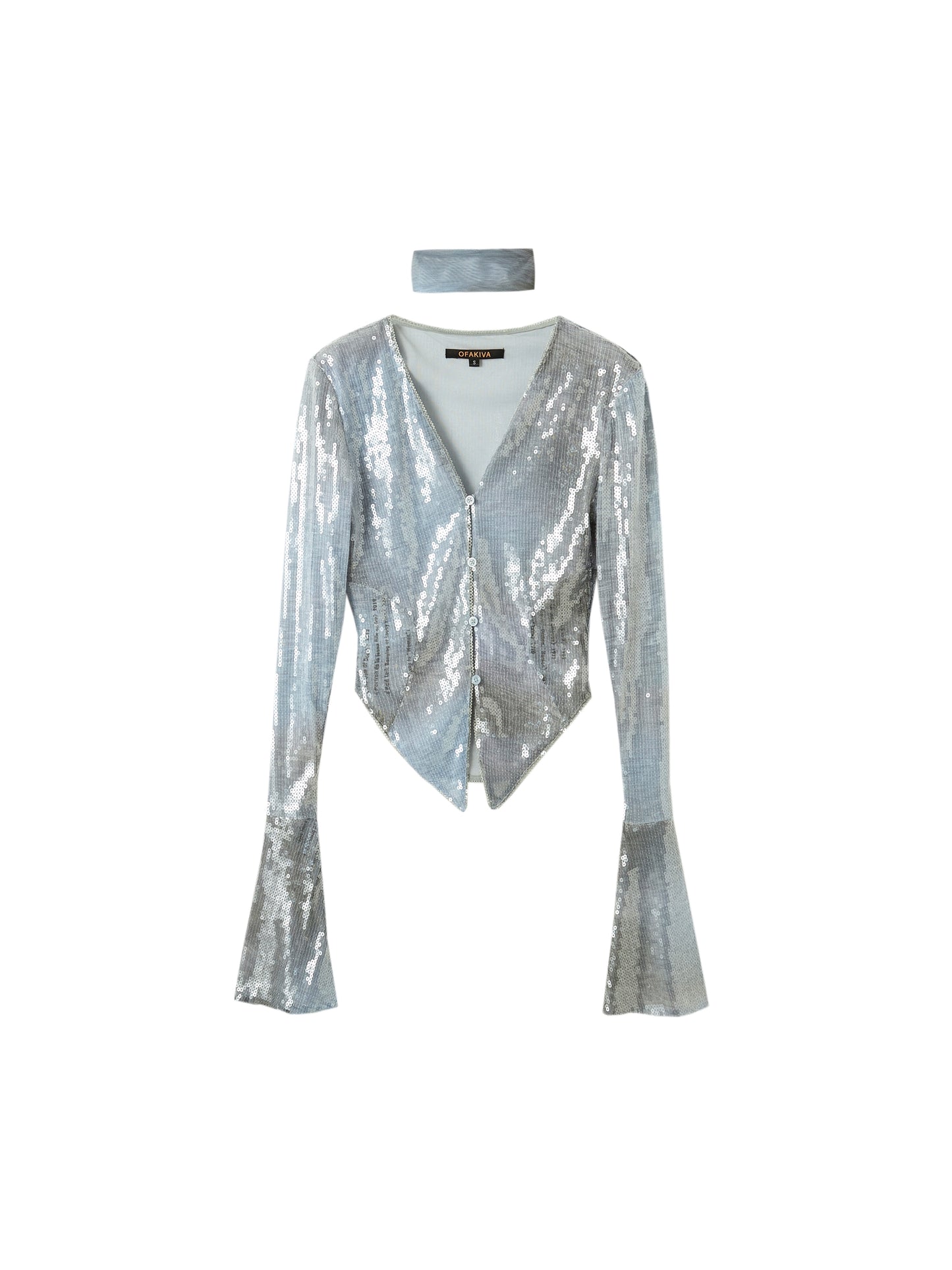 [スポット] OfAkiva「アイスランドダイヤモンド」低満腹ブルースパンコールシャツレディース秋Vネックフレアスリーブシャツ