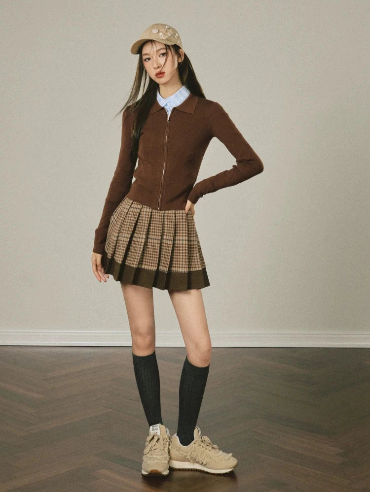 Vintage Check Panel Loose Pleated Short Skirt