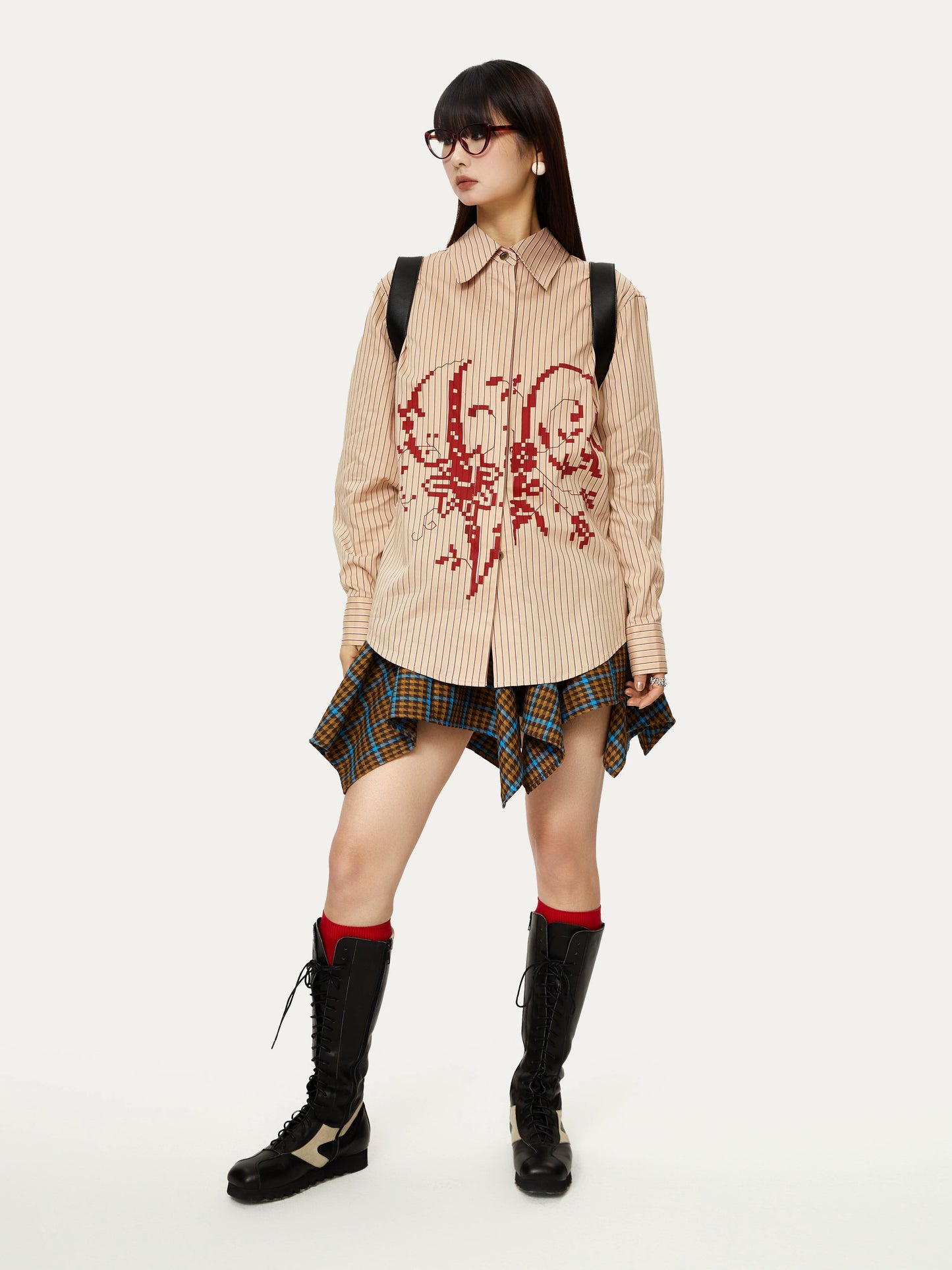 YOSHUYUKI「フリースピリット」レトロパンクコントラストチェックワイドウエストバンドデザイン不規則な裾スカート