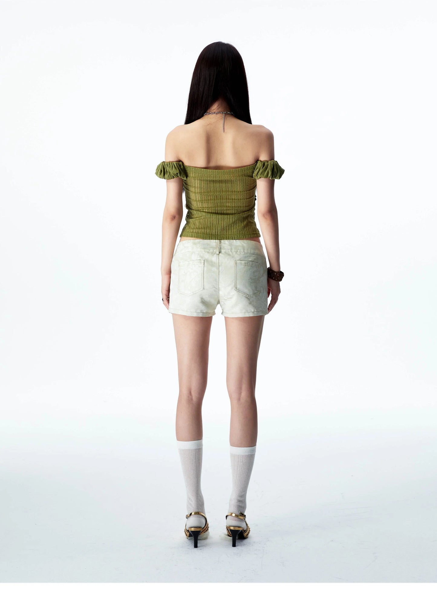 YOSHUYUKI オリジナルデザイン シダーグリーンストレッチニット ビンテージレース ストレートショルダー バンドゥ 半袖