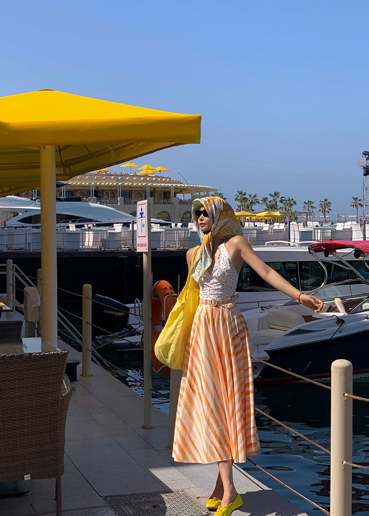 Xiaoli Yuxia ChengqiホルターネックサスペンダーVネックドレス春と夏のドーパミンティーブレイクフランスのAラインロングスカート