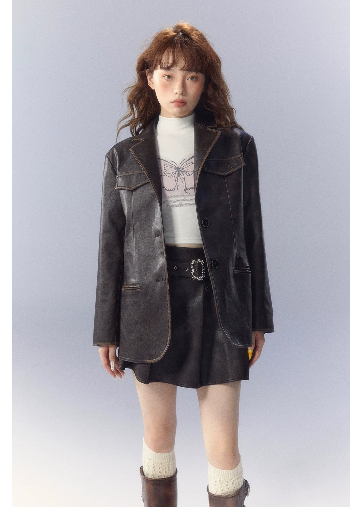 SunsetPark miuは、ヴィンテージブラウンの刺繍入りレザージャケットシルエットレザーブレザーブレザーです