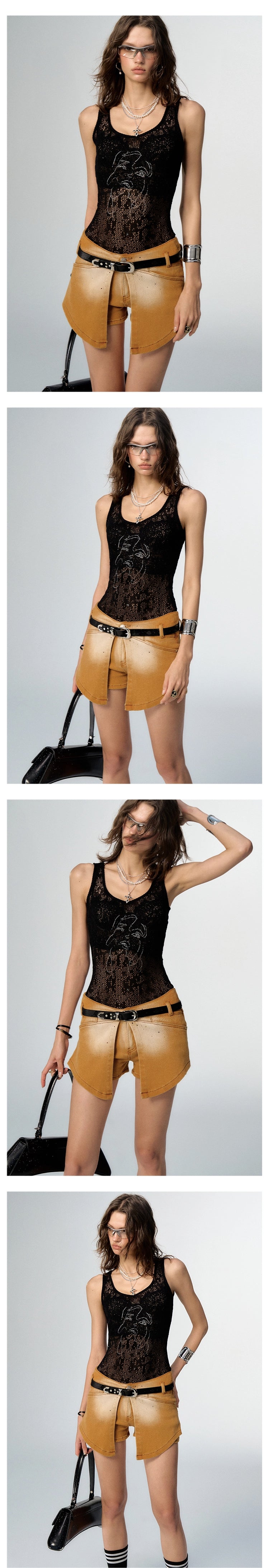 [スポット] Akivaの「だらしない」シアーファイングリッターレースニットプリントマリンベスト