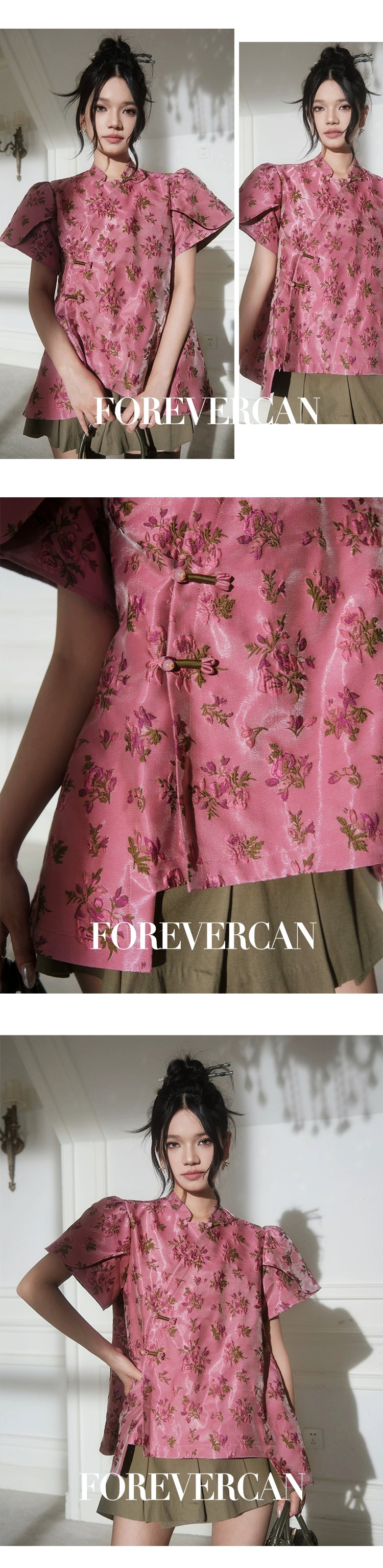 フォーエバーカンレディースサマー2024新しい中国スタイル新しい中国スタイルの高級気質パフスリーブ前立てトップス