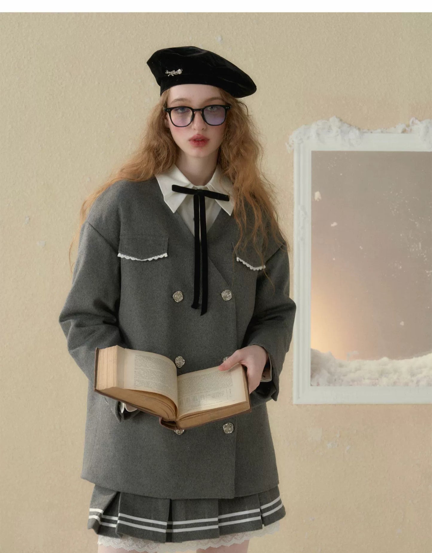 サンセットパーク グレイ カレッジ 50 ツイード パッド入りジャケット コート、取り外し可能なネイビー カラー