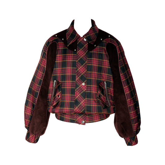 YOSHUYUKI チェックパネル立体ストリップデザイン クロップドパッド入りジャケットジャケットセット