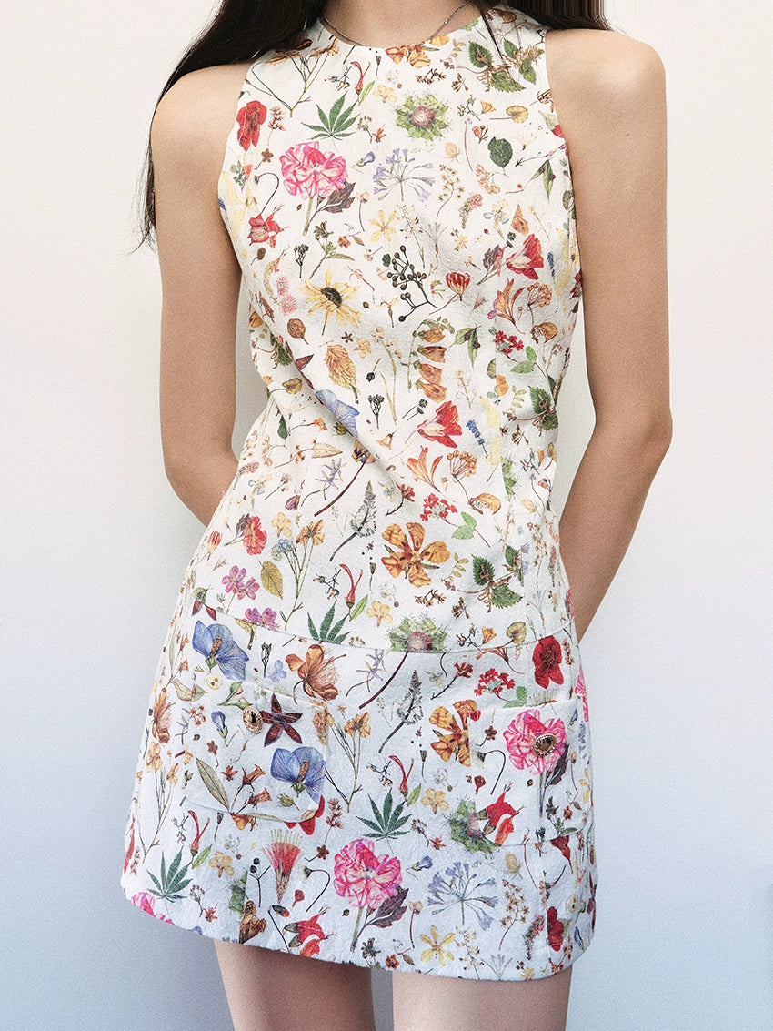White Textured Floral Pattern Sleeveless Dress