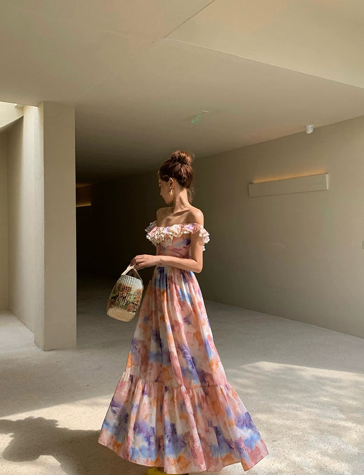 Xiaoli XIAOLIペン画春スクエアネック花柄ドレスロングドレスChardopamineは茶休憩フランスのプリンセスドレスを着ています