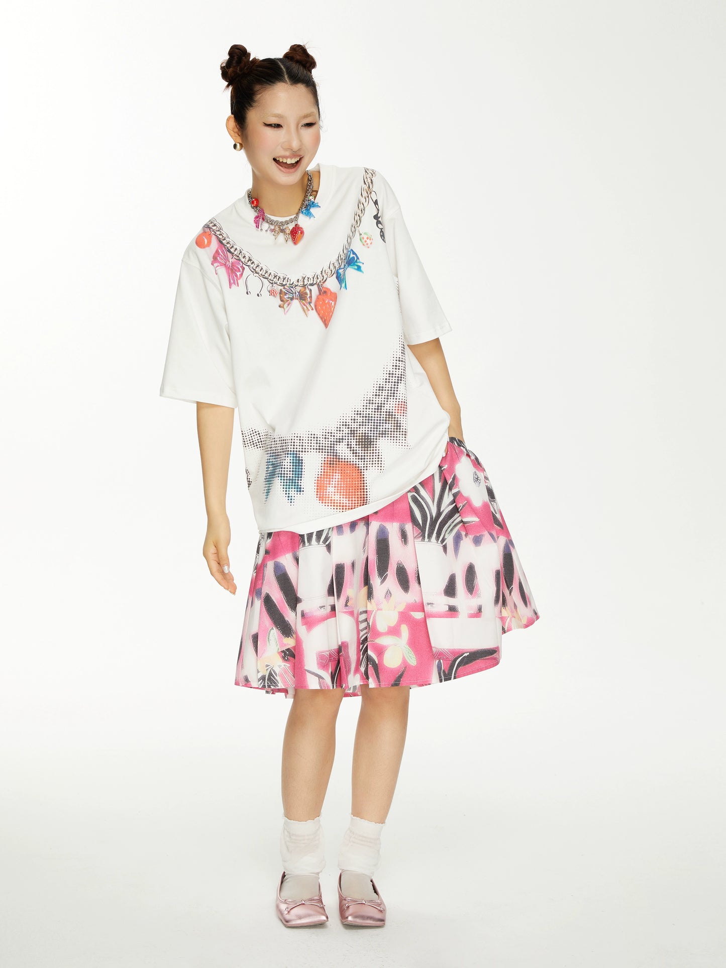 YSYKピンク花柄ピクトリアルパターンスカートスカート