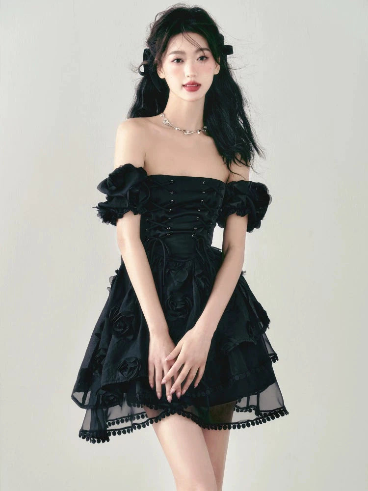 Three-Dimensional Rose Tie Puff Sleeve Dress