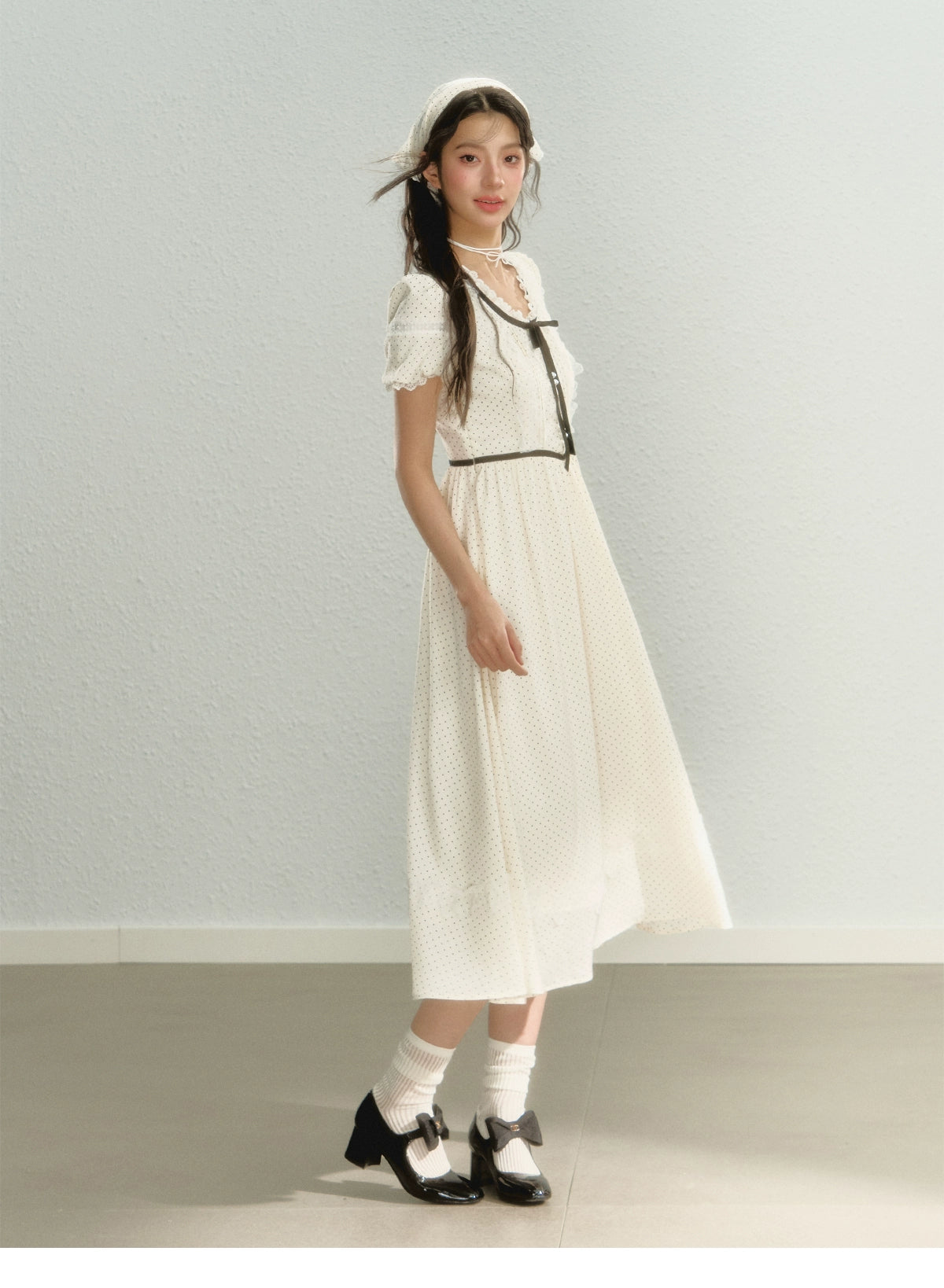 サンセットパーク「ハイジの休日」パフスリーブスカート夏と秋のフランスの水玉模様のドレス