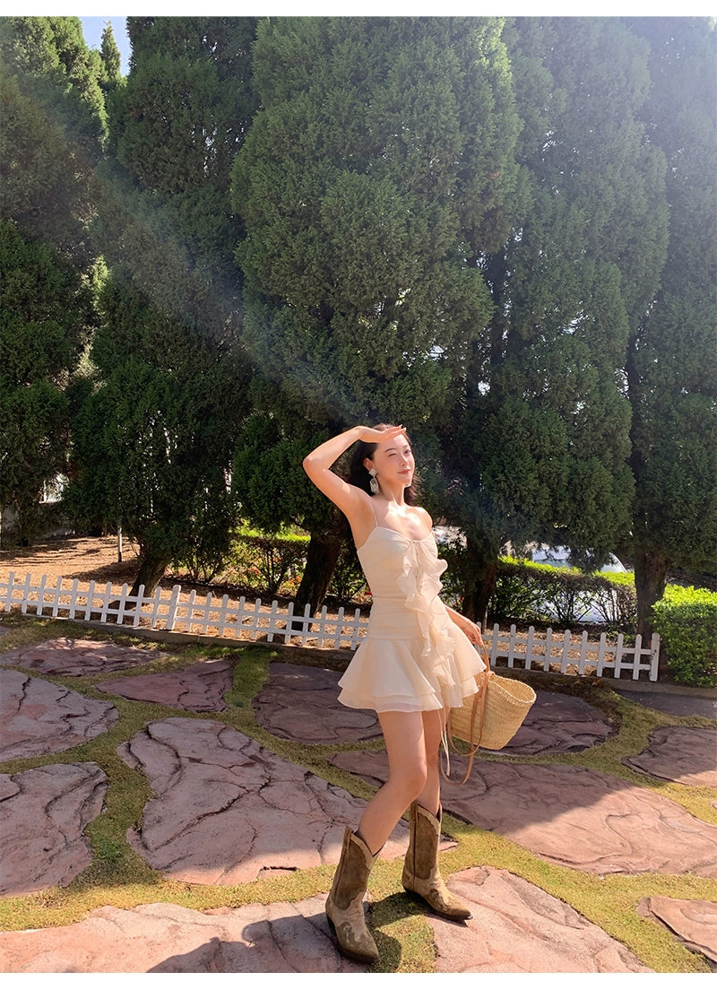 シャオリ赤と白のバラVネックスリップドレス夏のドーパミン小さな湯たんぱいウエスト締めAラインスカート