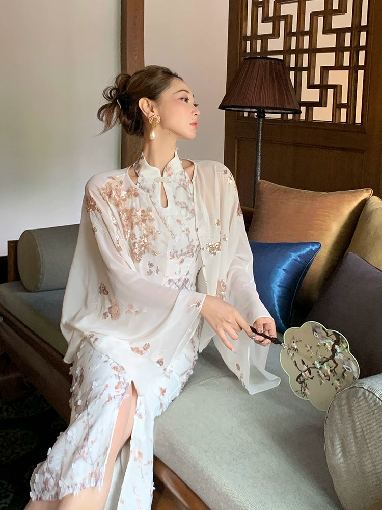 シャオリは雪を踏んでプラム、新しい中国のチャイナドレスホルターネックドレス、夏の花柄のシフォンヒップスカートを見つけました