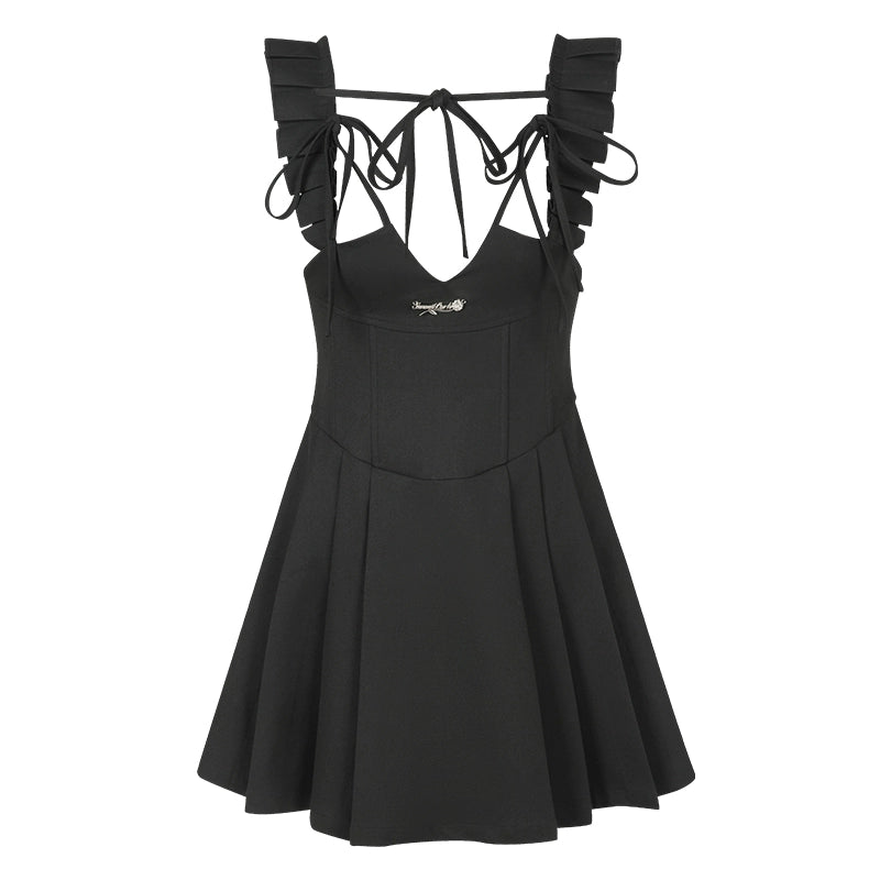 SunsetPark "Night Moon Iris" ブラック スリムウエストストラップ プリーツスカート