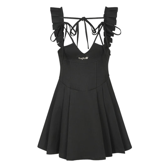 SunsetPark "Night Moon Iris" ブラック スリムウエストストラップ プリーツスカート