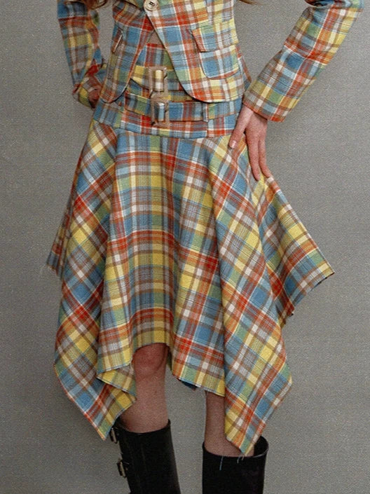 Vintage Yellow and Blue Check Waist Clinched Buckle Irregular Skirt