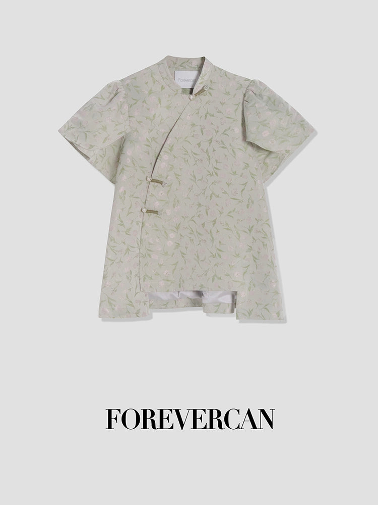 フォーエバーカンレディースサマー2024新しい中国スタイル新しい中国スタイルの高級気質パフスリーブ前立てトップス