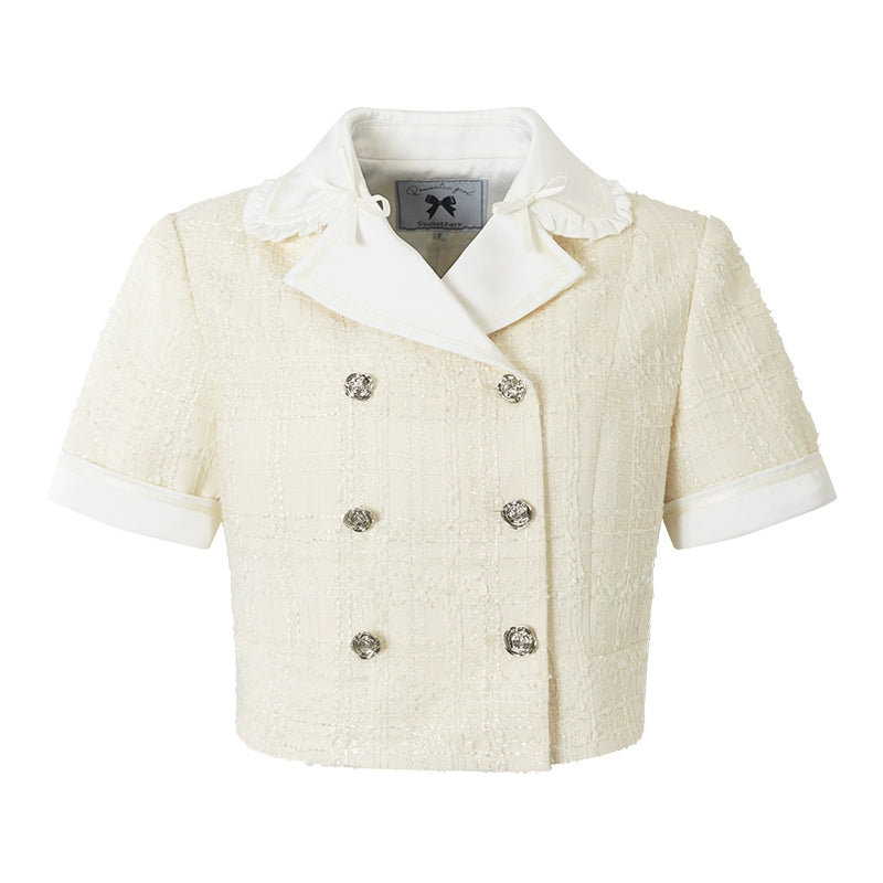 サンセットパークオリジナル ダブルブレスト スモールフレグランス コントラスト 半袖トップス+プリーツスカートセット