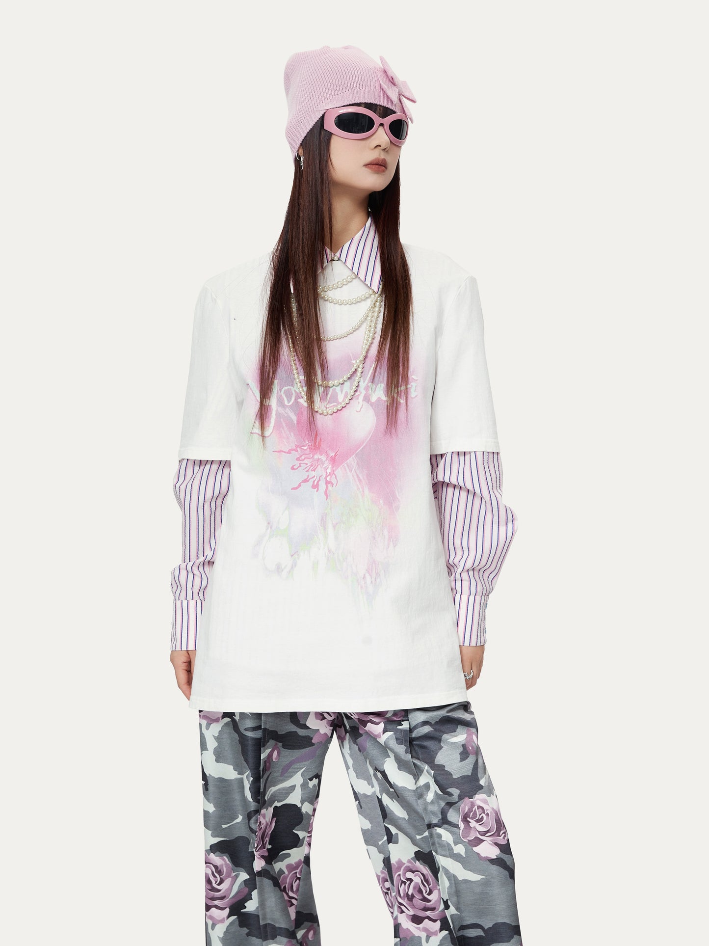 YOSHUYUKI「バーストスウィートハート」オリジナルピンクハートプリントオーバーサイズTシャツカジュアル半袖トップス