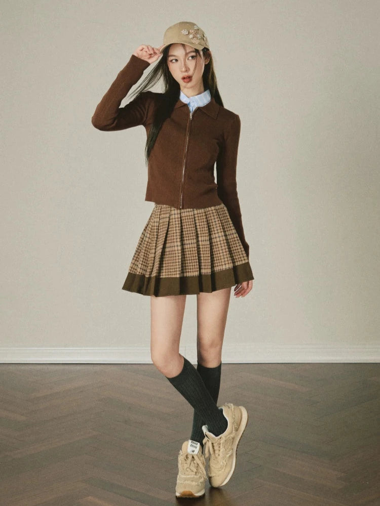 Vintage Check Panel Loose Pleated Short Skirt